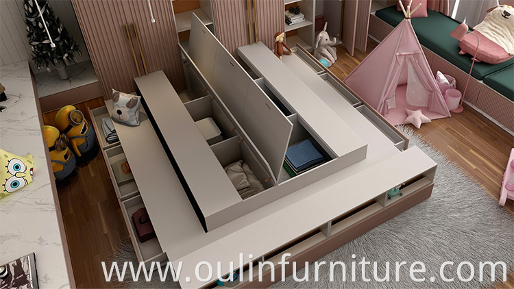 Wooden children room with wardrobes and computer desk 